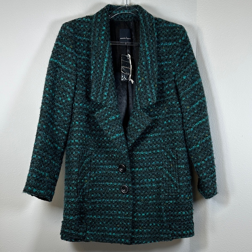 NWT Nanette Lepore Wool Blend Tweed Pea Coat Teal Green Black Size 10